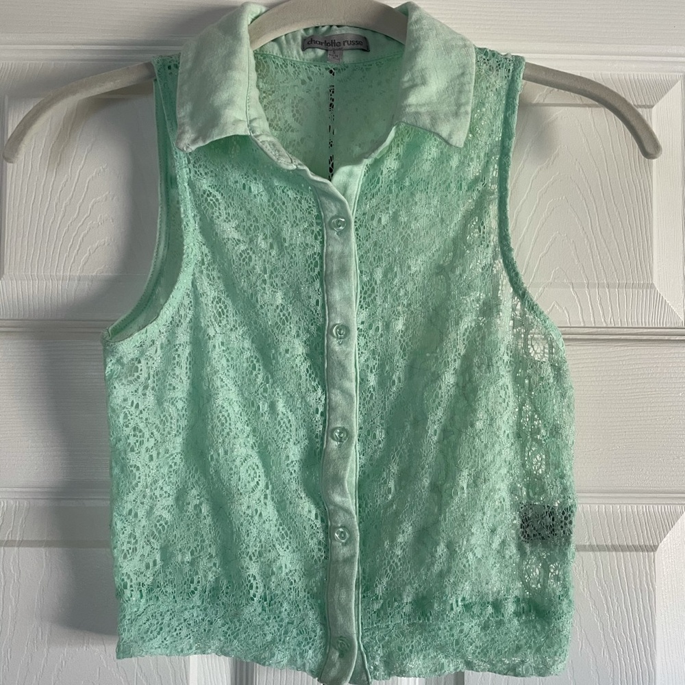 Mint Lace Cropped Collared Shirt